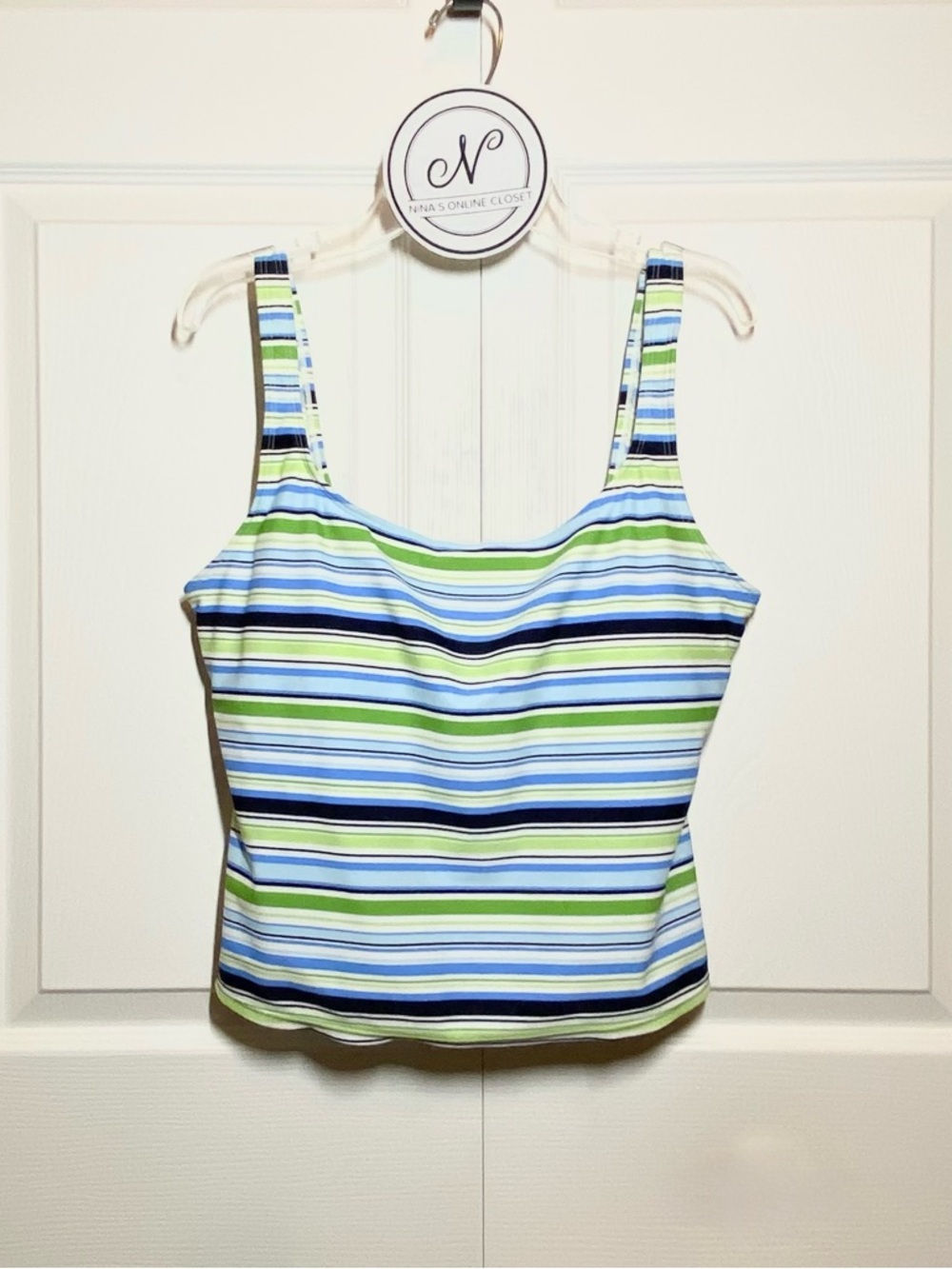 TROPICAL ESCAPE Women’s Striped Scoop Tankini Swim Top Blue/Green Size 14